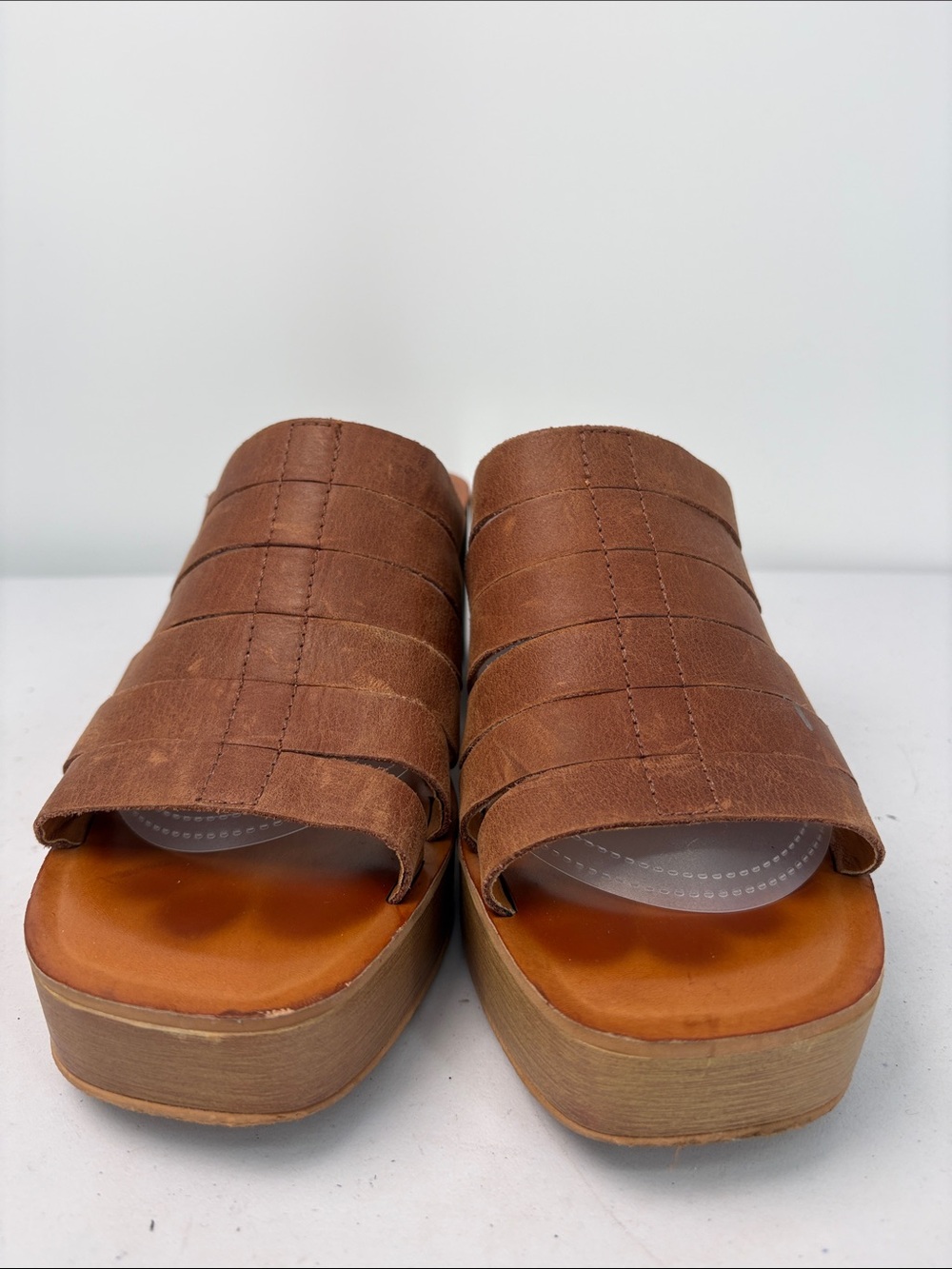 👟 Lucky Brand Tan soft leather Slide Mules with Block Heel - Picture 2 of 9